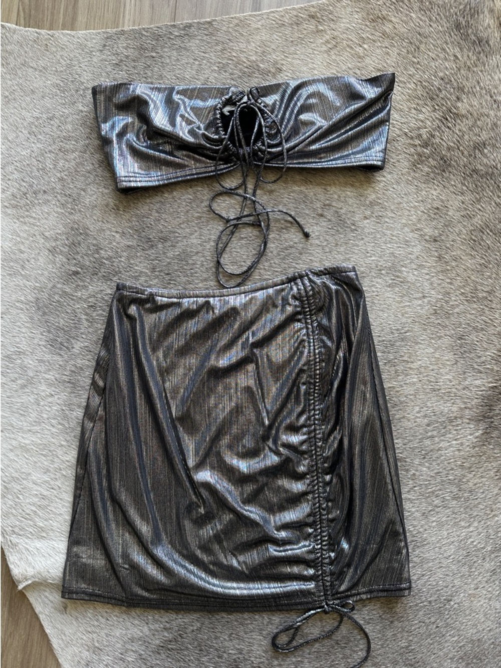 12th Tribe | Metallic Black Ruched Mini Skirt and Bandeau Set | Women's